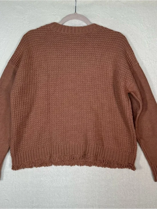 Madewell Mixed Stitch Sweater M Pink Terracotta Fringed Frayed Hem Crew Boho - Picture 6 of 7